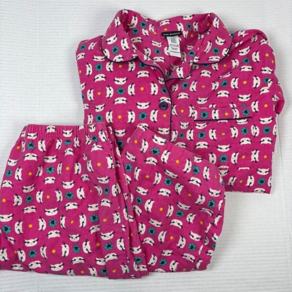 Joe Boxer Women's M Flannel Pajama Set Pink Cat Print Button Up Top & Pants